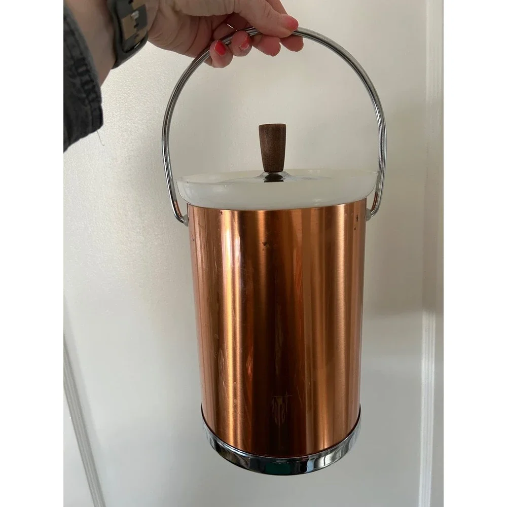 Vintage Kromex MCM Copper Color and Chrome with Wood Ice Bucket Barware